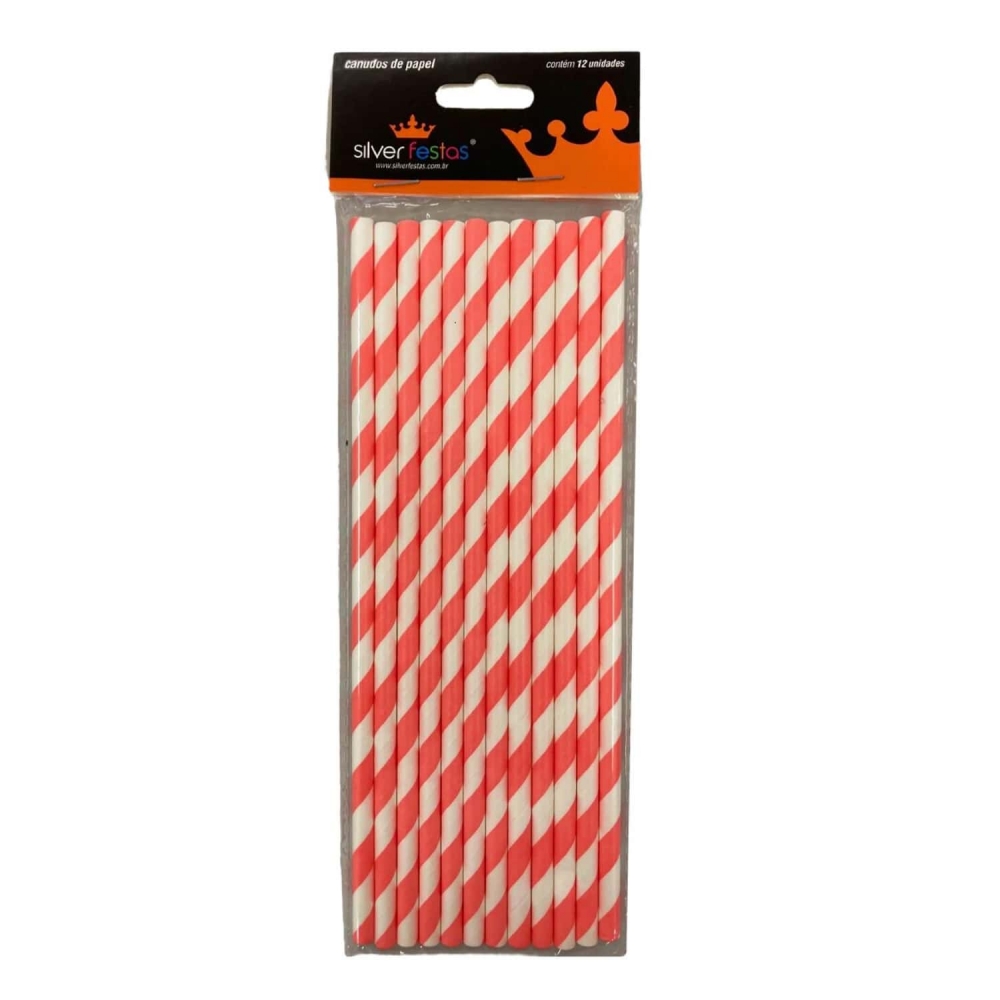 Canudo De Papel Listra Vermelho Silver 12un
