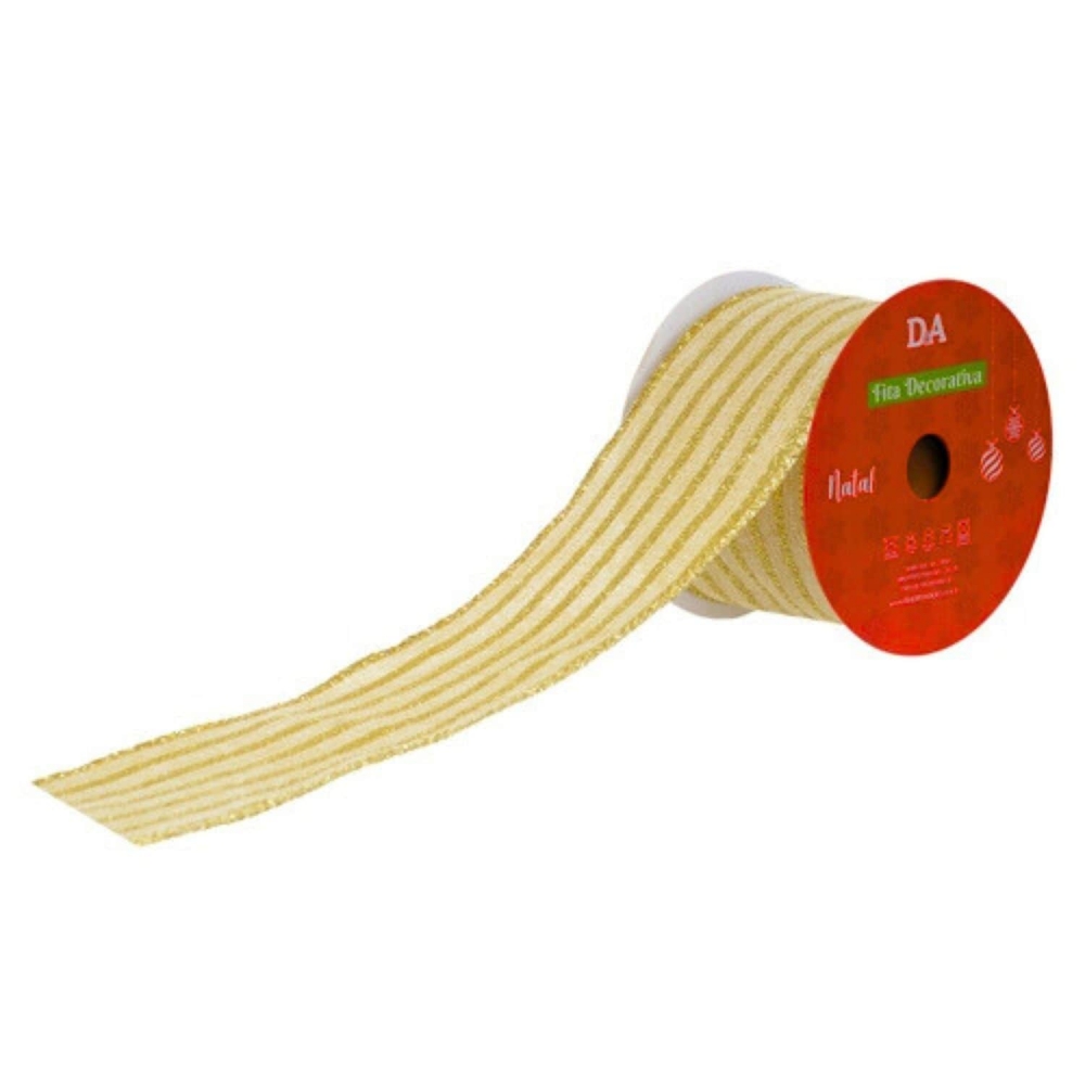 Fita Aramada Linho C/ Glitter C/costura Bege/dourado 6,3cmx9,14m Florarte
